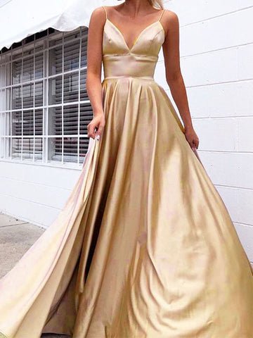 Satin Robe Longue de Demoiselle d'Honneur V-cou à Fines Brides Dorée